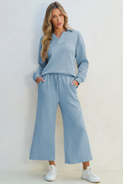 Textured Collared Neck Top and Wide Leg Pants Set