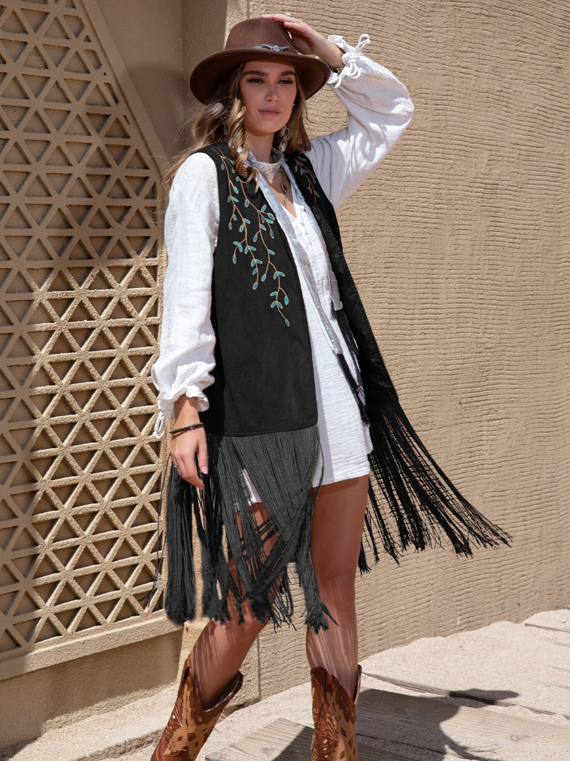 Faux Suede Fringe Hem Open Front Vest