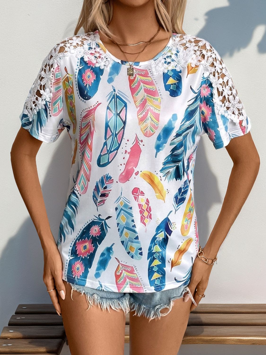 Perfee Printed Round Neck Lace Short Sleeve Top