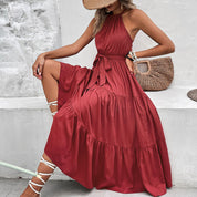 Perfee Tie Belt Tiered Midi Dress