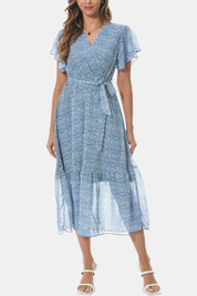 Surplice Neck Flutter Sleeve Tied Dress