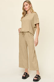 Double Take Full Size Texture Round Neck Short Sleeve T-Shirt and Wide Leg Pants