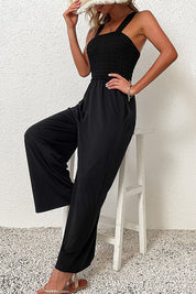 Perfee Smocked Sleeveless Wide Leg Jumpsuit with Pockets