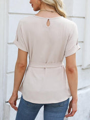 Tie Waist Round Neck Short Sleeve Blouse