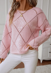 Openwork Sequin Round Neck Long Sleeve Sweater