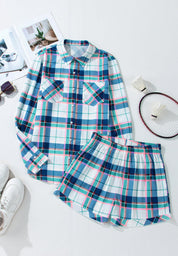 Plaid Button Down Long Sleeve Shirt and Shorts Lounge Set