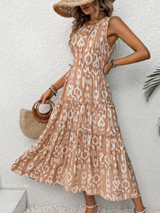 Perfee Frill Cutout Printed Round Neck Sleeveless Dress