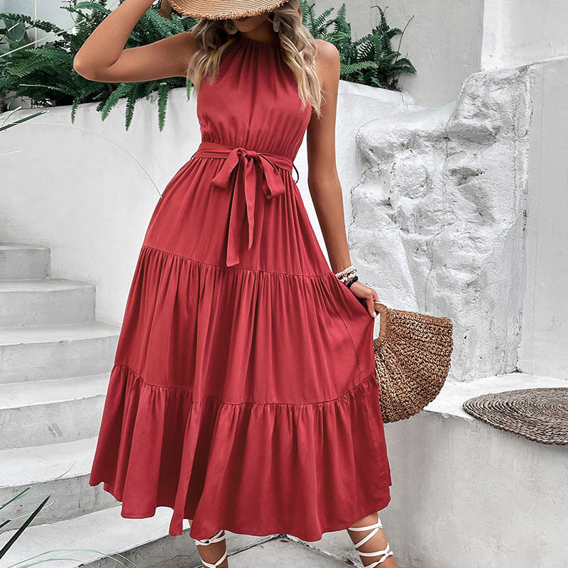 Perfee Tie Belt Tiered Midi Dress