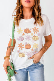 Pumpkin & Flower Round Neck Short Sleeve T-Shirt