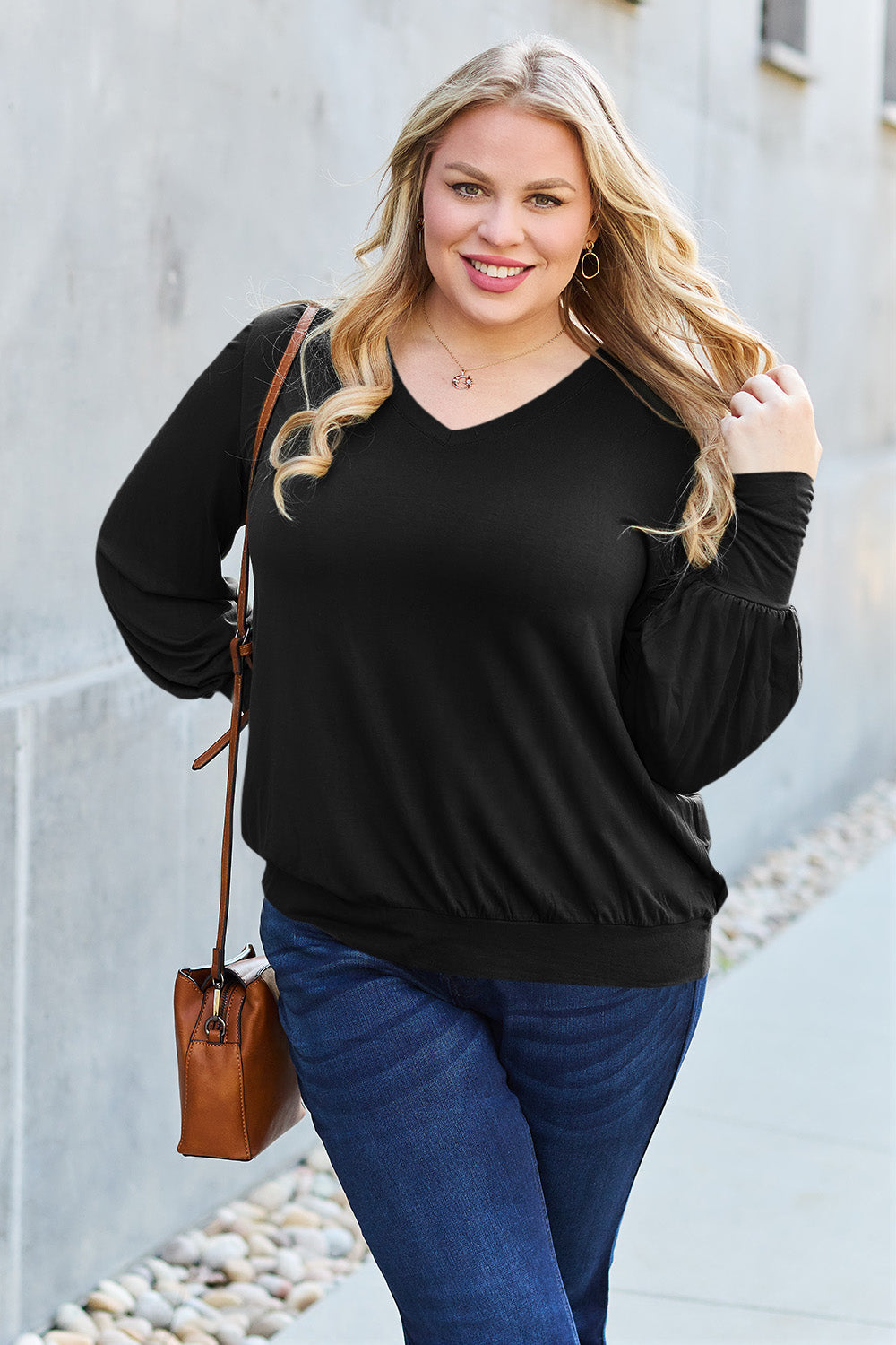 Basic Bae Full Size V-Neck Lantern Sleeve Top