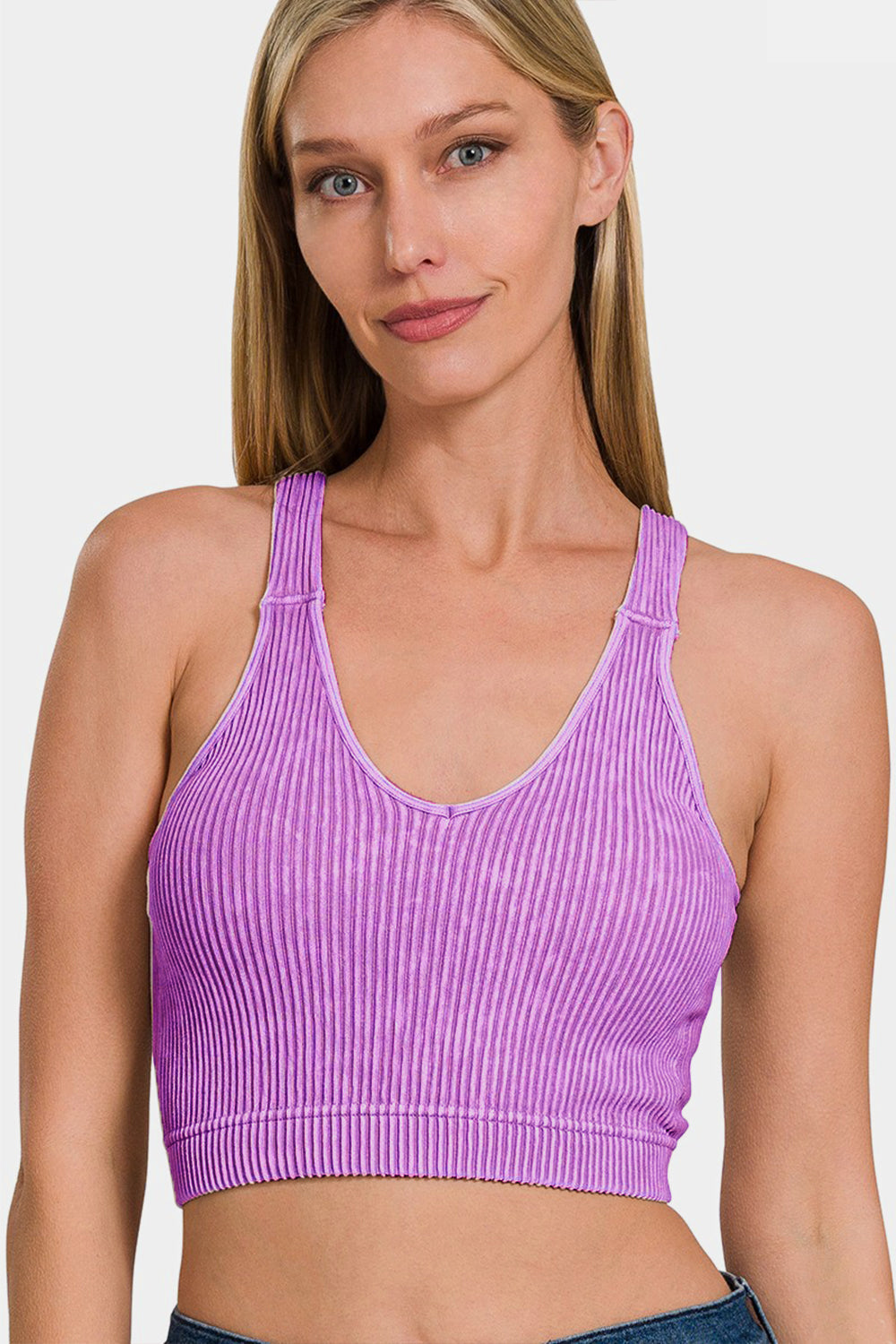 Zenana Washed Ribbed Cropped Bra Padded Tank