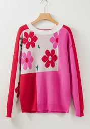 Flower Color Block Round Neck Sweater