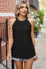 Eyelet Round Neck Sleeveless Top