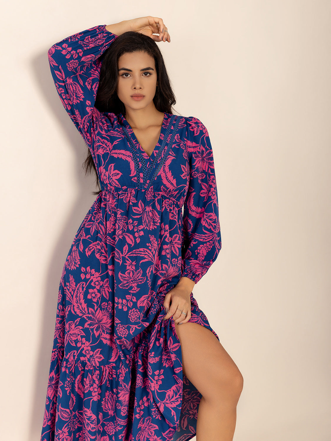 Printed V-Neck Long Sleeve Midi Dress