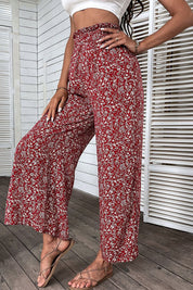 Perfee Ditsy Floral Slit Paperbag Waist Wide Leg Pants