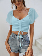 Drawstring Short Sleeve Crop Top