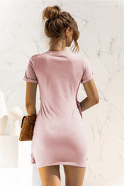 Round Neck Cuffed Sleeve Side Tie Dress