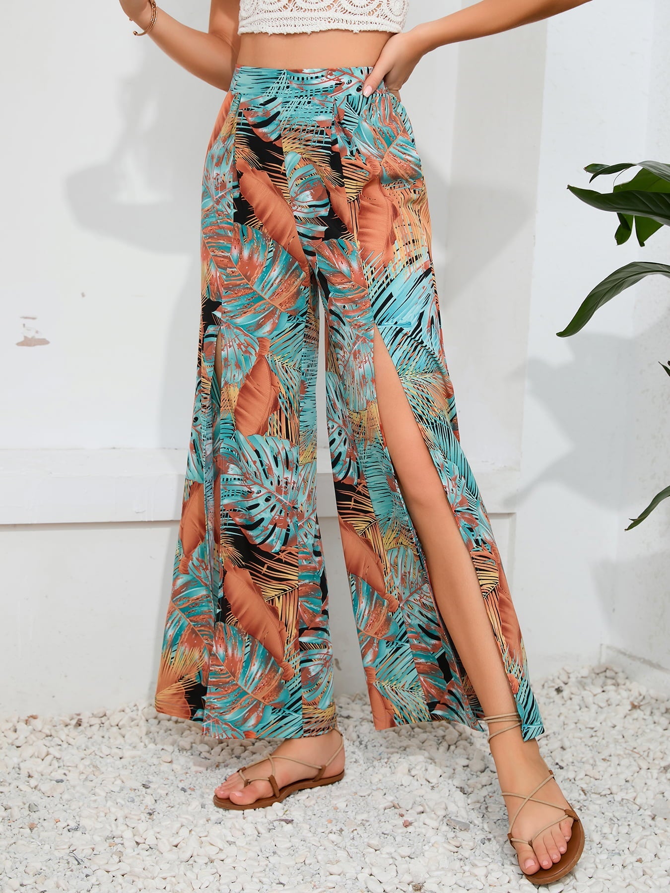 Printed Split Wide Leg Long Pants