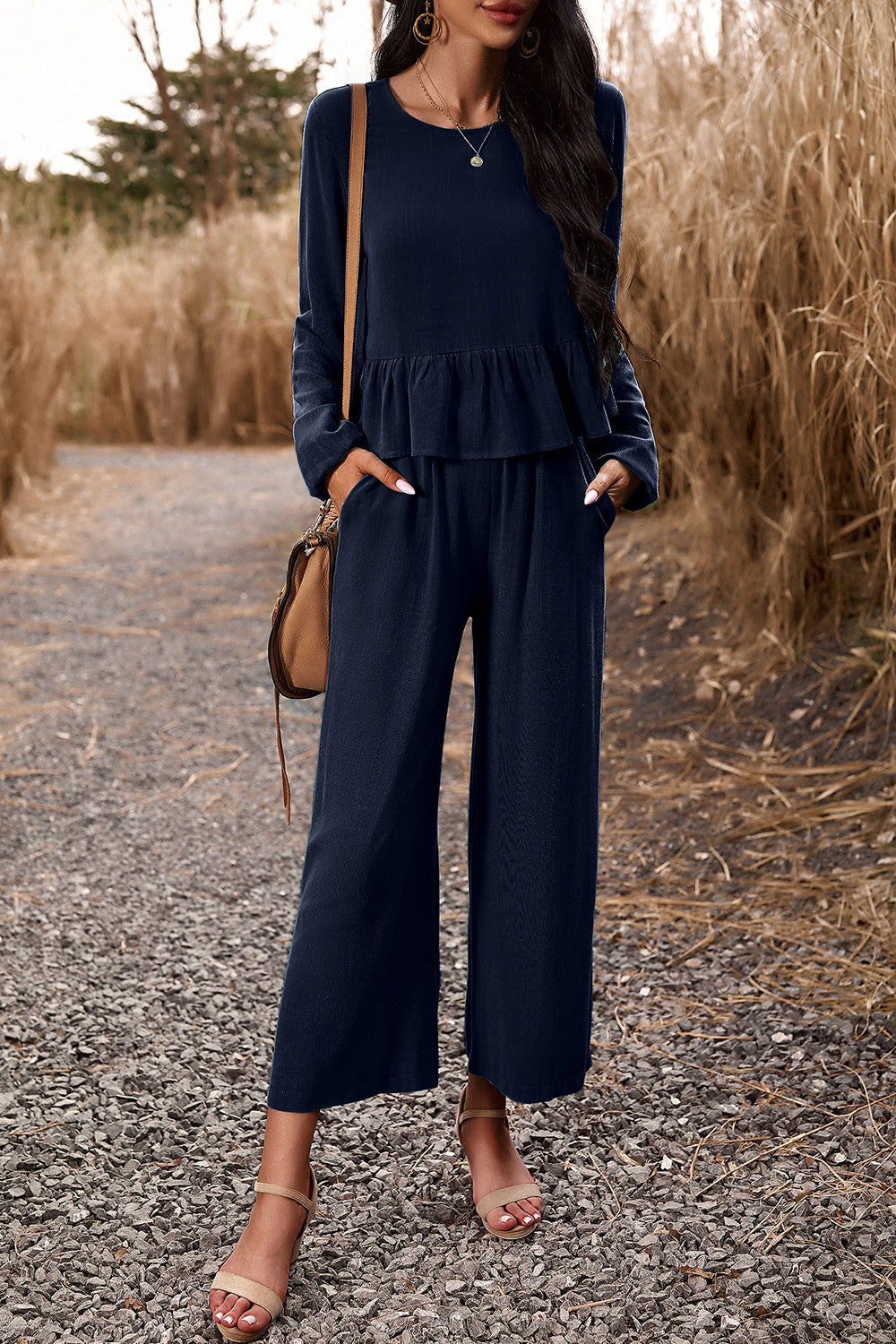 Devine Round Neck Peplum Top and Pants Set