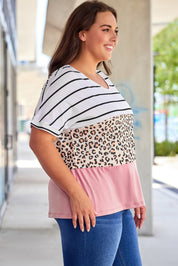 Plus Size Striped Leopard Round Neck Half Sleeve T-Shirt