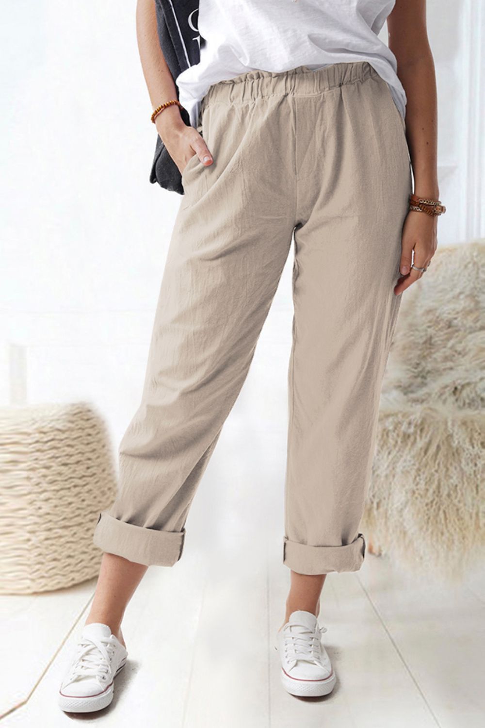 Shiny Paperbag Waist Pull-On Pants with Pockets