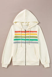 Drawstring Contrast Zip Up Long Sleeve Hoodie