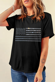 Rhinestone US Flag Round Neck Short Sleeve T-Shirt