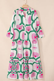 Printed Notched Long Sleeve Maxi Dress