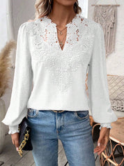 Swiss Dot Lace Detail Notched Long Sleeve Blouse