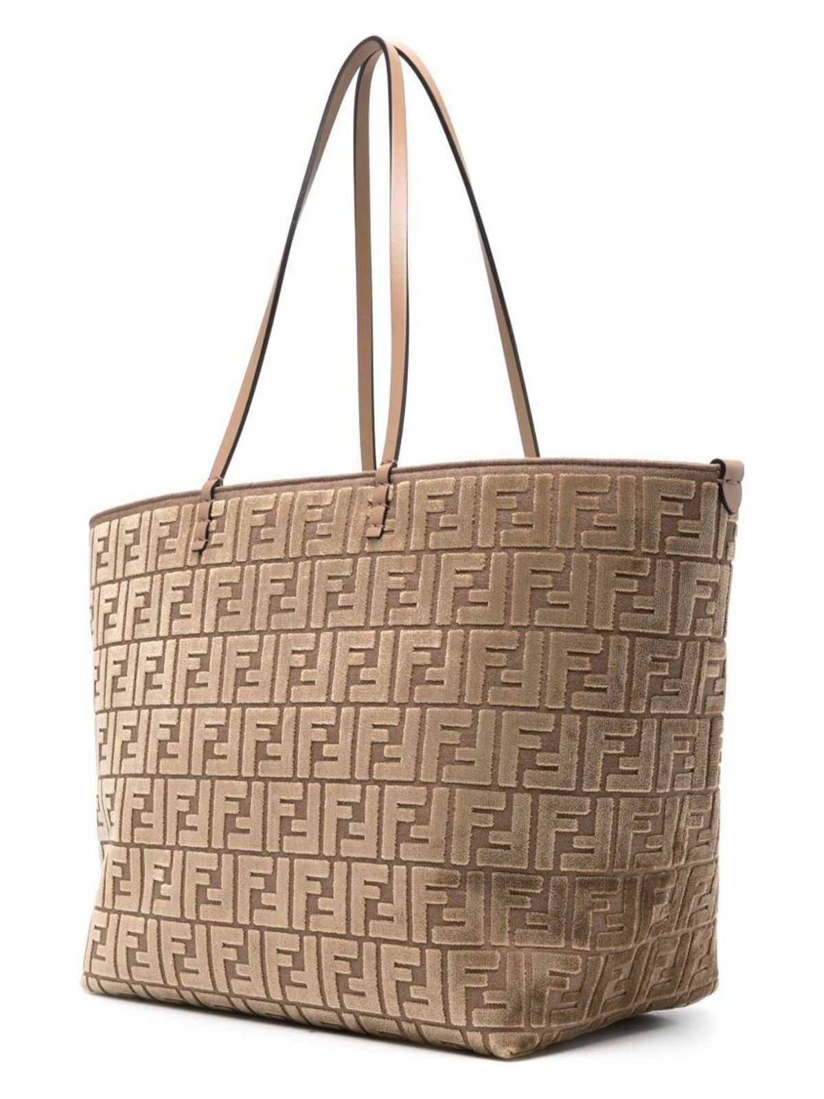 BEIGE JACQUARD FF VELVET ROLL LARGE SHOPPER BAG