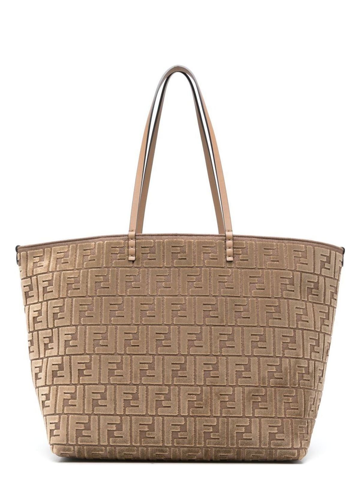 BEIGE JACQUARD FF VELVET ROLL LARGE SHOPPER BAG