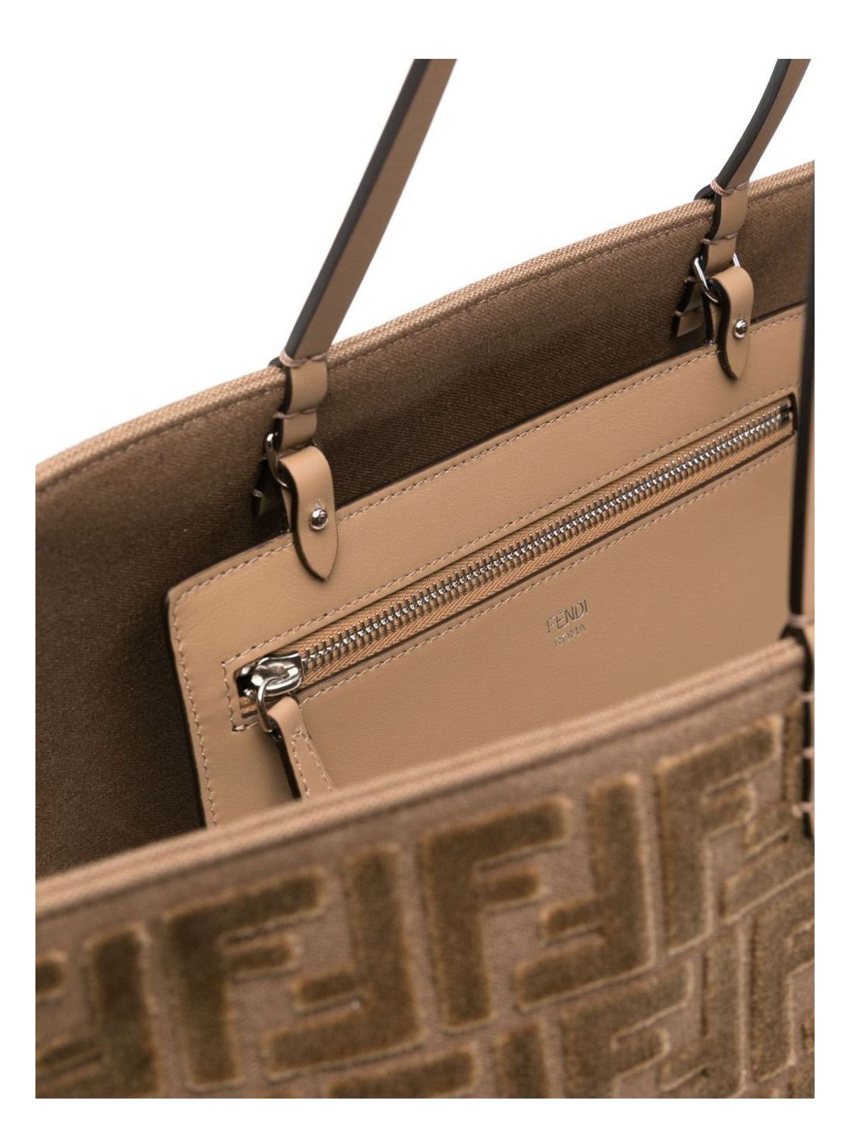 BEIGE JACQUARD FF VELVET ROLL LARGE SHOPPER BAG