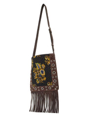 MULTICOLORED FLORAL CROSSBODY BAG IN DARK BROWN WITH FRINGES