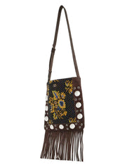 MULTICOLORED FLORAL CROSSBODY BAG IN DARK BROWN WITH FRINGES