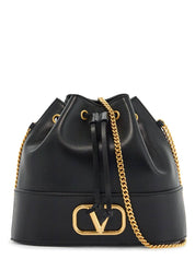 VLOGO BLACK LEATHER BUCKET BAG