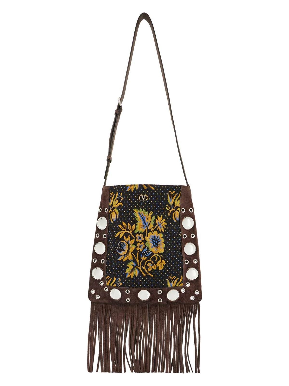 MULTICOLORED FLORAL CROSSBODY BAG IN DARK BROWN WITH FRINGES