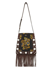 MULTICOLORED FLORAL CROSSBODY BAG IN DARK BROWN WITH FRINGES