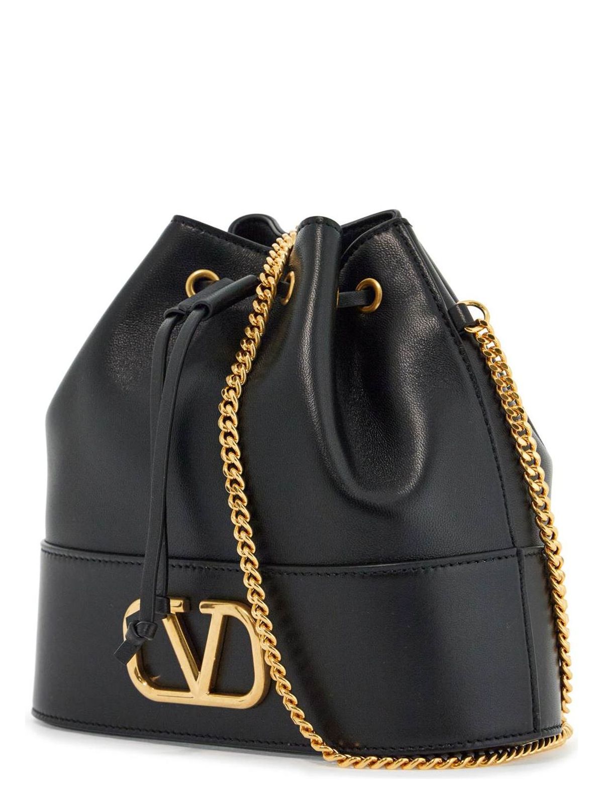 VLOGO BLACK LEATHER BUCKET BAG