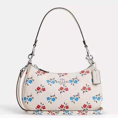 Coach Leather Teri Shoulder Bag With Floral Print In Silver Chalk Multi