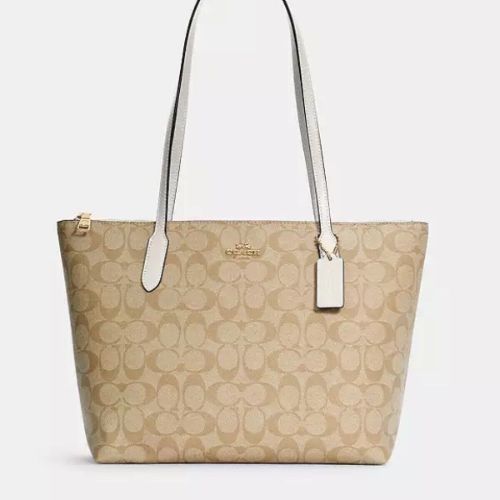 Coach Zip Top Tote Handbag In Signature Canvas & Leather