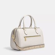 Coach Rowan Satchel Leather Bag With Signature Canvas Strap- Gold/Chalk Multi