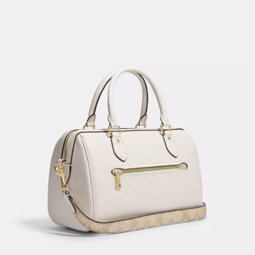 Coach Rowan Satchel Leather Bag With Signature Canvas Strap- Gold/Chalk Multi