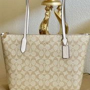 Coach Zip Top Tote Handbag In Signature Canvas & Leather