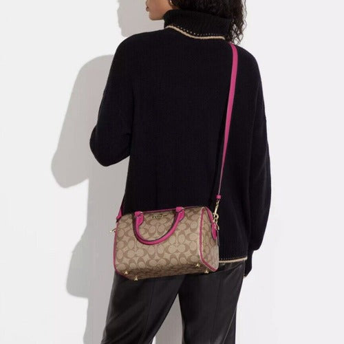 Coach Rowan Medium Satchel Bag In Signature Canvas & Leather Gold/Khaki/Cerise