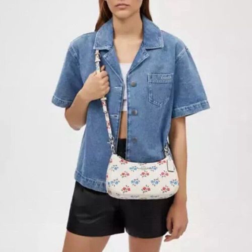 Coach Leather Teri Shoulder Bag With Floral Print In Silver Chalk Multi